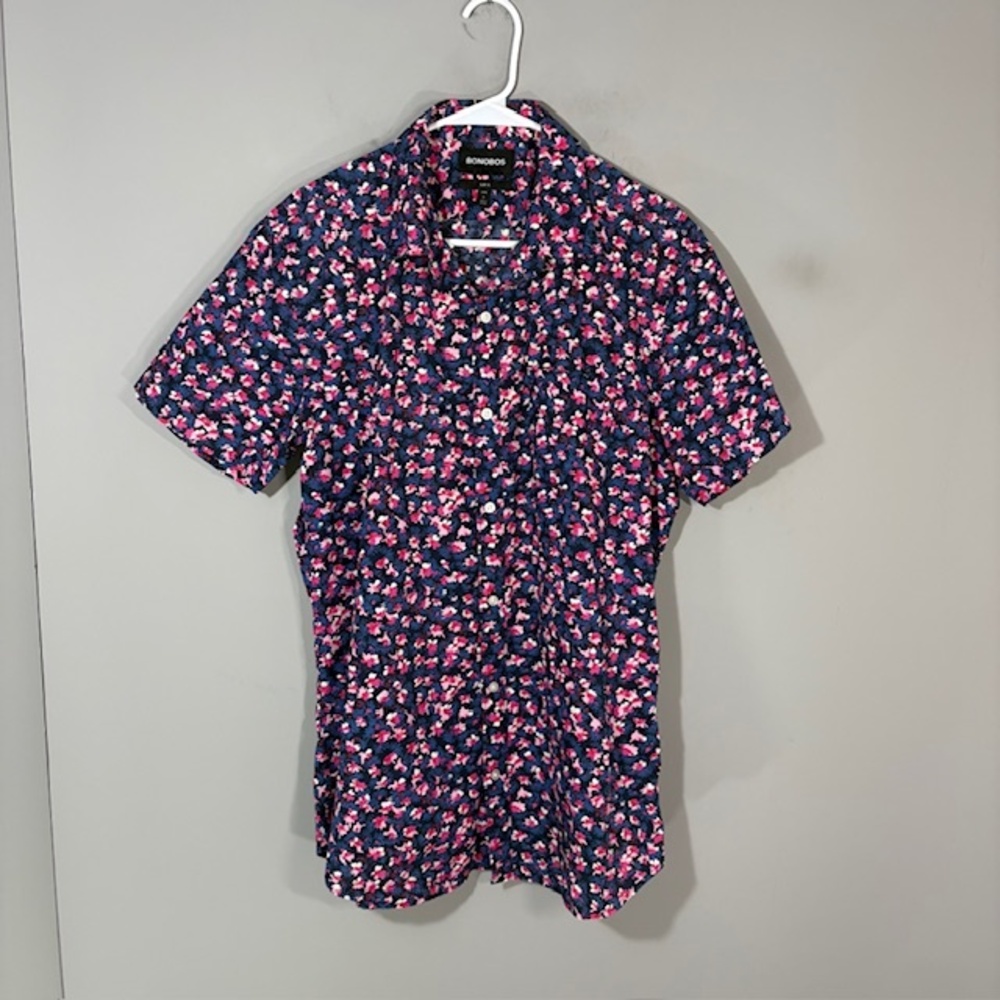 Bonobos Shirt Mens Large Blue Pink Floral Short Sleeve Button Up Slim Fit Cotton